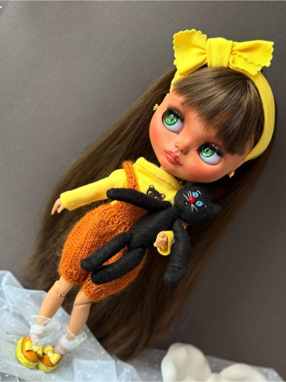 OOAK Custom Blythe Doll with Black Cat Collectible Art Doll